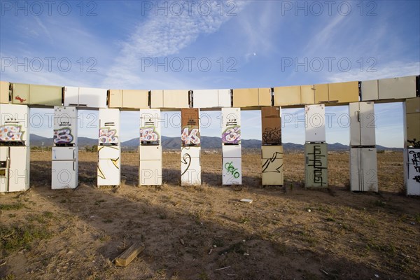 USA, New Mexico, Santa Fe, Stonefridge a life sized replica of Stonehenge made out of recycled fridges by local artist and filmmaker Adam Horowitz