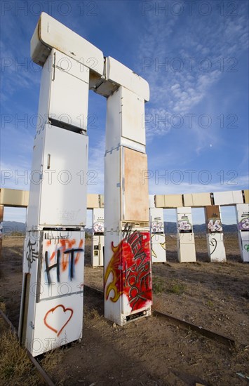 USA, New Mexico, Santa Fe, Stonefridge a life sized replica of Stonehenge made out of recycled fridges by local artist and filmmaker Adam Horowitz