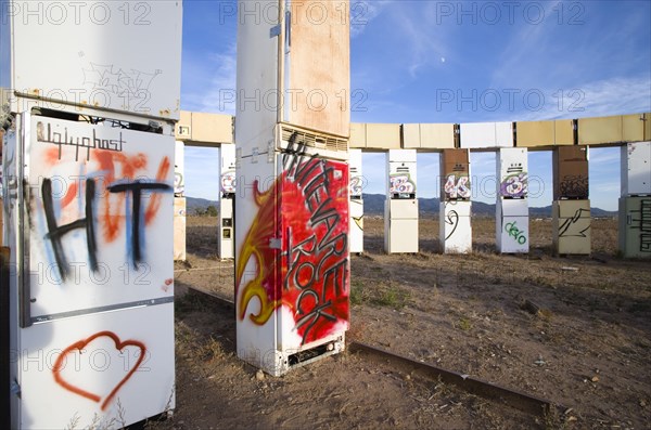 USA, New Mexico, Santa Fe, Stonefridge a life sized replica of Stonehenge made out of recycled fridges by local artist and filmmaker Adam Horowitz