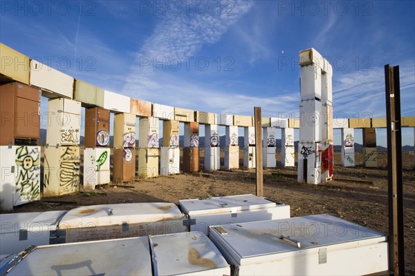 USA, New Mexico, Santa Fe, Stonefridge a life sized replica of Stonehenge made out of recycled fridges by local artist and filmmaker Adam Horowitz