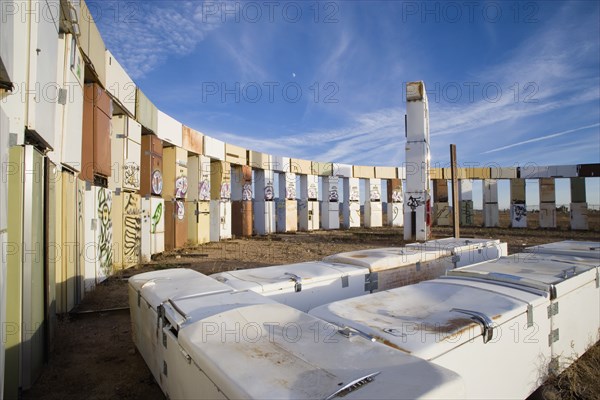 USA, New Mexico, Santa Fe, Stonefridge a life sized replica of Stonehenge made out of recycled fridges by local artist and filmmaker Adam Horowitz