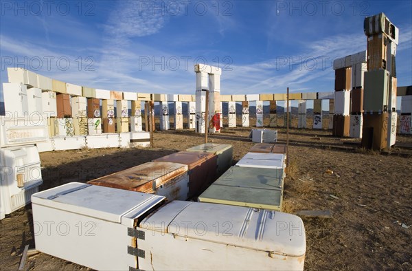 USA, New Mexico, Santa Fe, Stonefridge a life sized replica of Stonehenge made out of recycled fridges by local artist and filmmaker Adam Horowitz