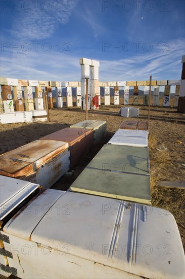 USA, New Mexico, Santa Fe, Stonefridge a life sized replica of Stonehenge made out of recycled fridges by local artist and filmmaker Adam Horowitz