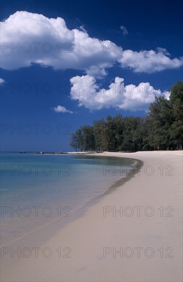 THAILAND, North Phuket, Naiyang Beach, View along the empty sandy beach with tall trees.