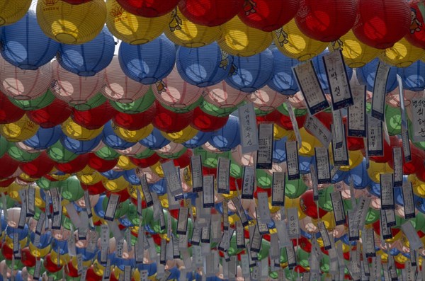 SOUTH KOREA, Seoul, Jogyesa Temple. Buddhist lanterns hung to celebrate Buddhas Birthday.