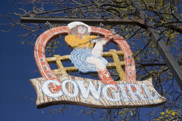 USA, New Mexico, Santa Fe, The Cowgirl Cafe sign