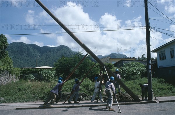 ST LUCIA, People, Workers raising new telegraph pole.