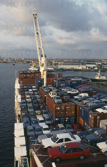 IVORY COAST, Abidjan, Cars on container vessel docked at Abidjan port.