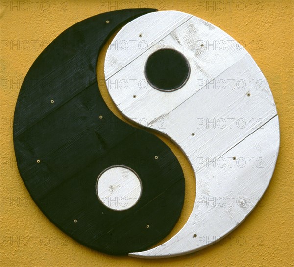 IRELAND, Dublin, "Yin and Yang symbol painted onto a wall. Yin Yang originates in ancient Chinese philosophy and metaphysics, which describes two primal opposing but complementary forces found in all things in the universe. Yin, the darker element, is passive, dark, feminine, downward-seeking, and corresponds to the night; yang, the brighter element, is active, light, masculine, upward-seeking and corresponds to the day; yin is often symbolized by water, while yang is symbolized by fire"