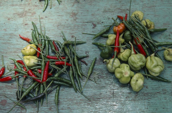 SEYCHELLES, Mahe Island, Mixed chillies on Sir Selwyn Clarke Market in Mahe town