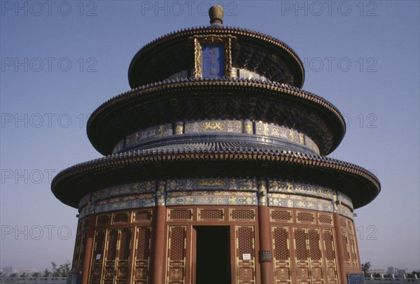 CHINA, Beijing, Exterior of the Hall of Prayer for Good Harvests in the Temple of Heaven complex.  Triple gabled circular building built on three levels.