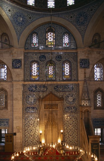 TURKEY, Istanbul, Sokollu Mehmet Pasa Camii.  Mosque commissioned in 1571 by Sokullu Mehmet Pasa.  Interior showing mihrab and wall decorated with Iznik tiles