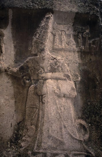 TURKEY, Corum, Hattusas, Ancient Hittite capital.  Detail of carved temple guardian at the Büyük Mabet or Great Temple dedicated to worship of the storm god Teshub and sun goddess Hebut.