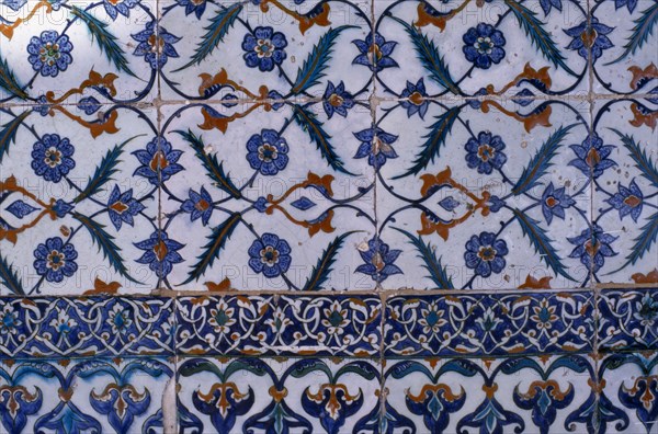 TURKEY, Istanbul, "Seragkio Point. Topkapi Palace, detail of Iznik tiles with blue stylised floral motif."