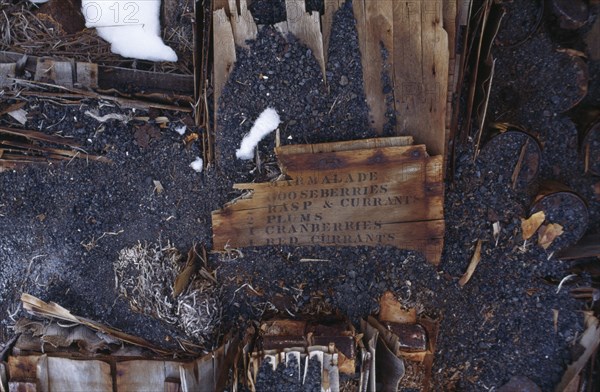 ANTARCTICA, Cape Evans, Detail of Scotts hut exterior with a list of fruit written on a broken piece of wooden crate