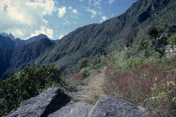 PERU, Machu Picchu, View of the start of the Inca road leading to Cusco