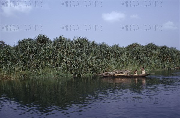 NIGERIA, Sapele, Woman and children in canoe carrying wood on the River Ethiope.