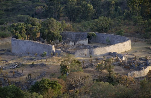 ZIMBABWE, Great Zimbabwe Ruins, "Elevated view over circular enclosure in ancient ruined city, thought to be 12th Century AD."