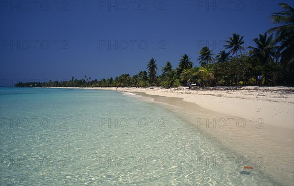 HONDURAS, Bay Islands, Roatan, "West Bay.  Stretch of quiet sandy beach fringed with palm trees with clear, aquamarine water in foreground."