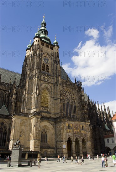 CZECH REPUBLIC, Bohemia, Prague, Tourists outside St Vitus Cathedral within the walls of Prague Castle in Hradcany