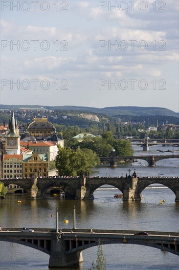 CZECH REPUBLIC, Bohemia, Prague, The city skyline with the bridges across the Vtlava River