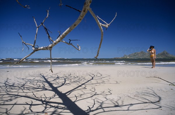 MADAGASCAR, Fort Dauphin, Lokaro, The leafless branches of a tree casting skeletal shadows on the sand of a beach with a woman wearing a hat standing nearby and mountains seen from across the ocean in the distance