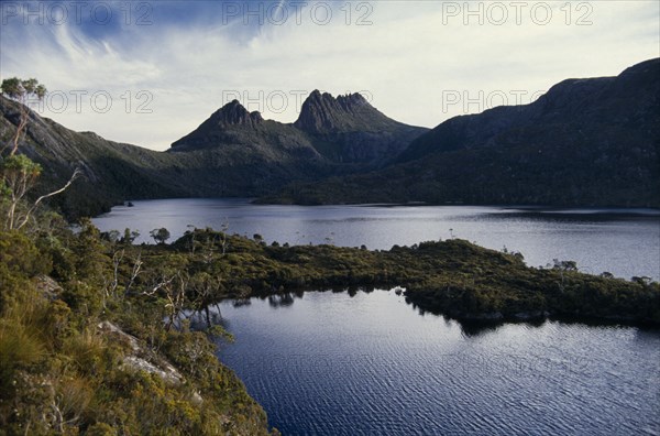 AUSTRALIA, Tasmania, "Cradle Mountain and Lake Dove, seen from Suicide Rock in Cradle Mountain Lake Saint Clair National Park"