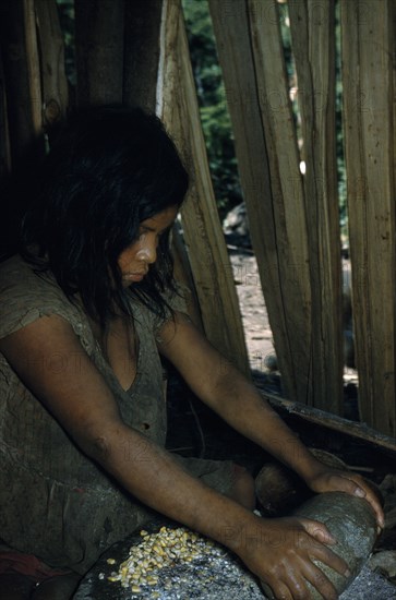 COLOMBIA, Sierra de Perija, Yuko - Motilon, Woman grinds maize using ancient granite mortar and pestle.  The Yuko-Motilon grow 8-10 different varieties of maize.