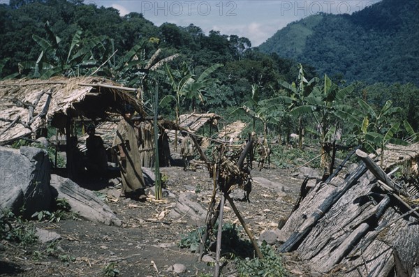 COLOMBIA, Sierra de Perija, Yuko - Motilon, Village in the Sierra de Perija with dwelling huts and maize storage shelters. Man wears long woven cotton toga