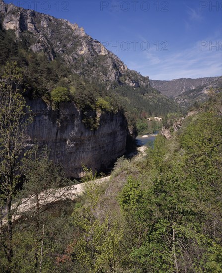 FRANCE, Midi Pyrenees, Tarn Gorge, "Westwards view along the deep narrow passage with steep rocky sides, near La Malene."