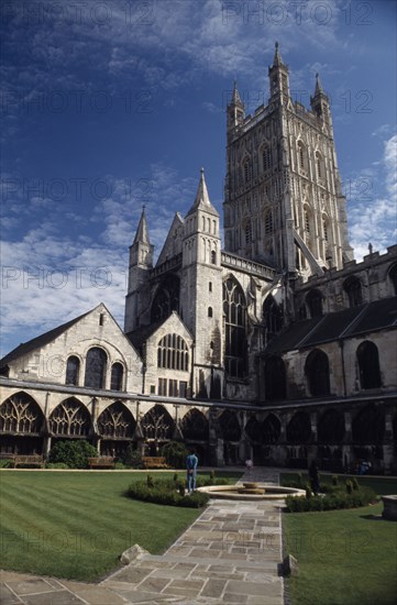 ENGLAND, Gloucestershire, Gloucester , Cathedral exterior seen from cloister garden