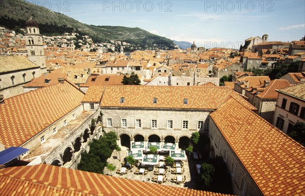 CROATIA, Dalamatia, Dubrovnik, View of the old town from the curtain wall. The old town is surrounded by its intact medieval curtain wall. Walking the two kilometer length is one of the highlights of a visit to the city