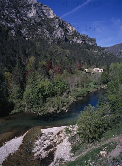 FRANCE, Midi Pyrenees, Tarn Gorge, "View along the gorge to the restored Hamlet, small village, West of  La Malene."