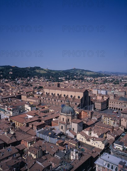 ITALY, Emilia Romagna, Bologna, View South West over the city with the brick built Church of San Petronio on Piazza Maggiore.