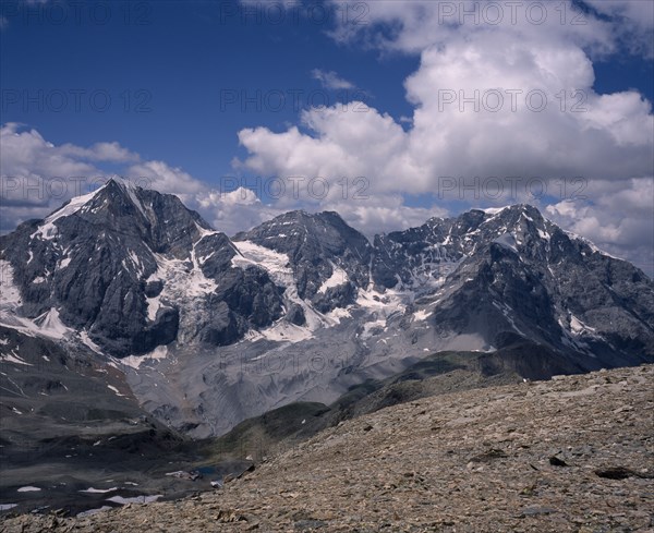 ITALY, Dolomites, Trentino, "Sulden. Snow peaked mountains seen from Hinter Schontauf Spitze. Konigspitze, Mount Zebru and Ortler"