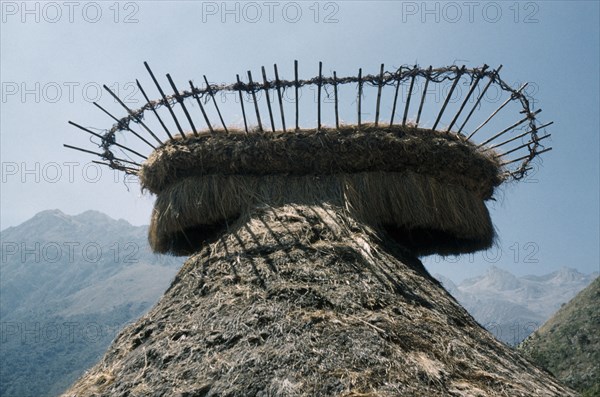 COLOMBIA, Sierra Nevada de Santa Marta, Kogi Tribe, Kogi religious centre of Mamarongo.  View of “nuhue”  / temple roof with potsherds in the rack at apex. In background high peaks of the Sierra Nevada