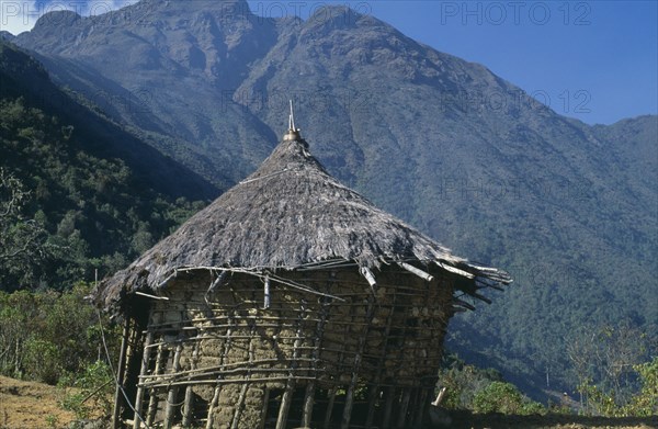 COLOMBIA, Sierra Nevada de Santa Marta, Southern Slopes, South side of Sierra Nevada de Santa Marta. Deserted nuhue/temple below religious centre of Surlivaka. The old destroyed roof apex no longer contains sacred potsherds.
