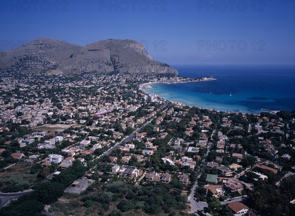 ITALY, Sicily, Palermo, "Aerial view of the coastal town of Mondello, North of Mount Pellegrino and city of Palermo, Mount Gallo  in the background."