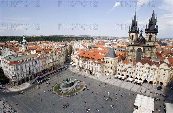 CZECH REPUBLIC, Bohemia, Prague, View across the city and the Old Town Square with the Church of Our Lady before Tyn on the right
