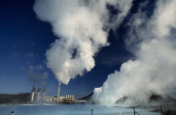 ICELAND, Gullbringu, Reykjanes, Svartsengi geothermal power plant and Blue Lagoon.  Water is popular with bathers to relieve skin complaints.