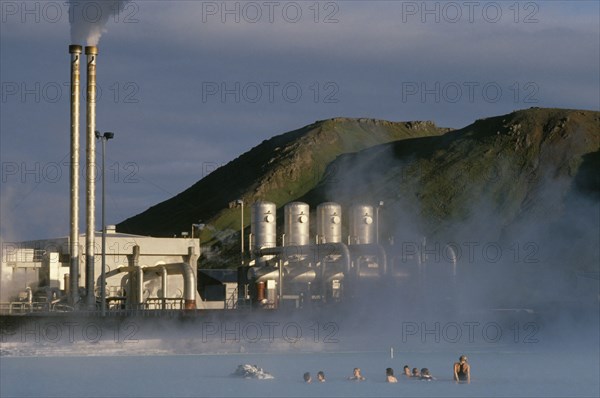 ICELAND, Gullbringu, Reykjanes, Svartsengi geothermal power plant and Blue Lagoon.  Water is popular with bathers to relieve skin complaints.