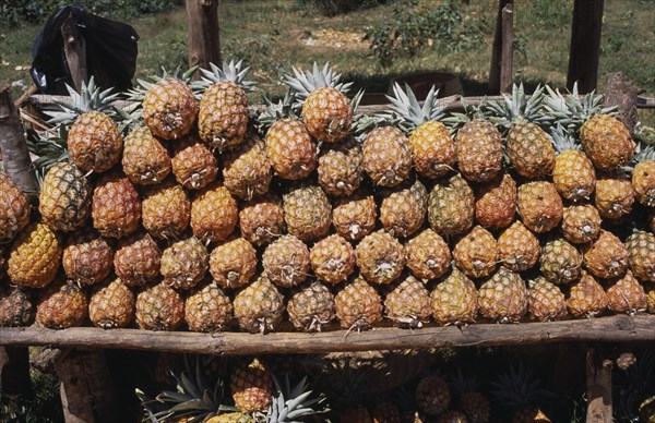 MADAGASCAR, Markets, Road to Antsirabe. Pineapples for sale on roadside stall
