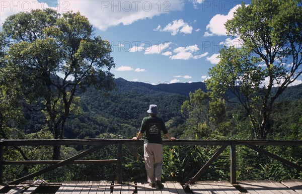 MADAGASCAR, Ranomanfana National Park, Tourist wearing Madagasgar tshirt standing looking over rantage point towards tropical rainforest