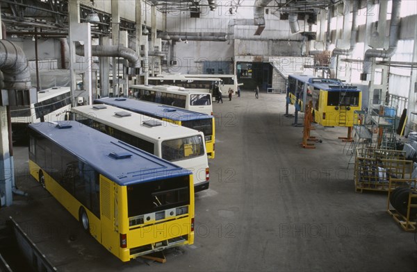 UKRAINE, Lvov, View of the buses parked in rows in the station