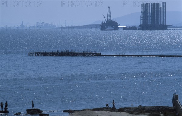 AZERBAIJAN, Baky, An oil plantation in the Caspian Sea.