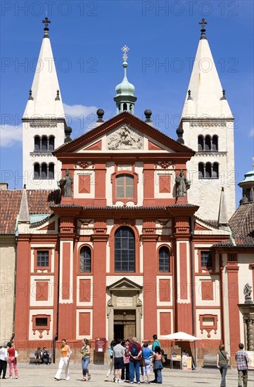 CZECH REPUBLIC, Bohemia, Prague, The facade and towers of St George Basilica within Prague Castle in Hradcany