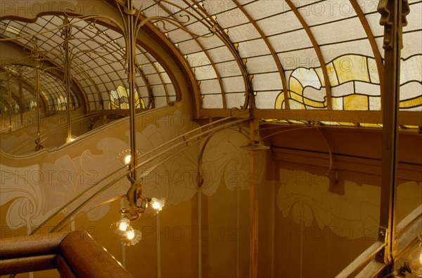 BELGIUM, Brabant, Brussels, "Art Nouveau stairwell and glass ceiling inside the Horta Museum, the house owned  and designed by arcitect Victor Horta in the late 1890s. "