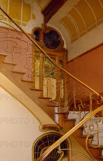 BELGIUM, Brabant, Brussels, "Art Nouveau staircase and decoration inside the Horta Museum, the house owned  and designed by arcitect Victor Horta in the late 1890s. "