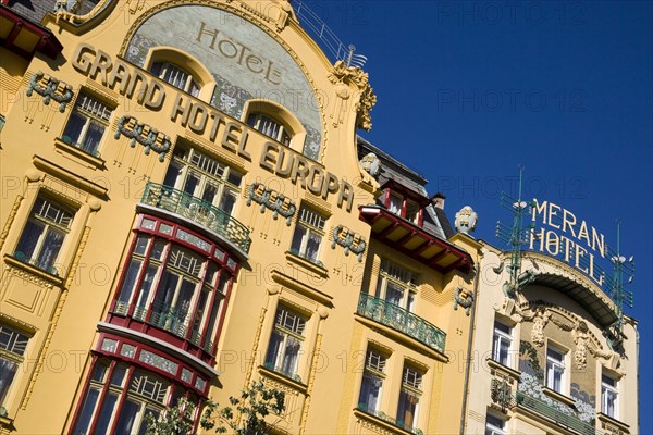 CZECH REPUBLIC, Bohemia, Prague, The 1906 Art Nouveau Hotel Europa and Meran Hotel in Wenceslas Square in the New Town