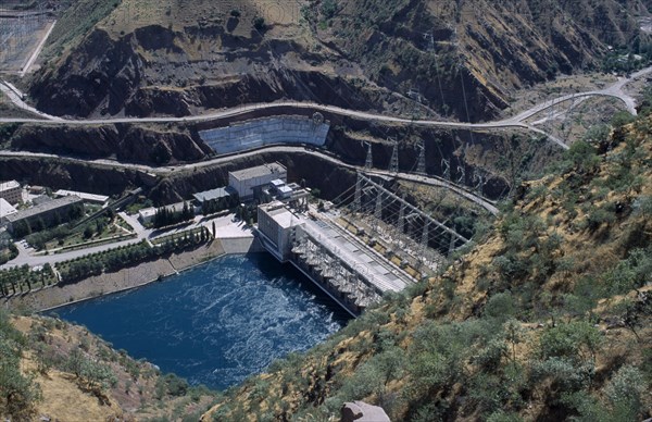 TAJIKISTAN, Nurek, View looking down on the hydroelectric power station.